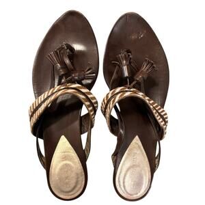 ARMANI Tassel Calf Hair Sandals Flats Animal Print Woodland Bark Brown, size 7.5
